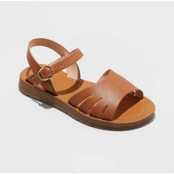 Cat & Jack Lillian Girl’s Cognac Brown Faux Leather Ankle Strap Sandals Size 1 - Picture 1 of 15